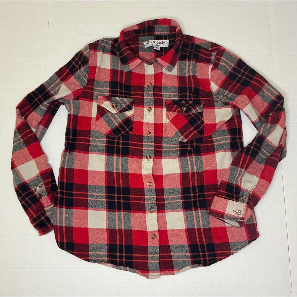 Get Lucky LA Red Plaid Cotton Flannel ButtonUp Lumberjack Outdoor Cabin Gorpcore